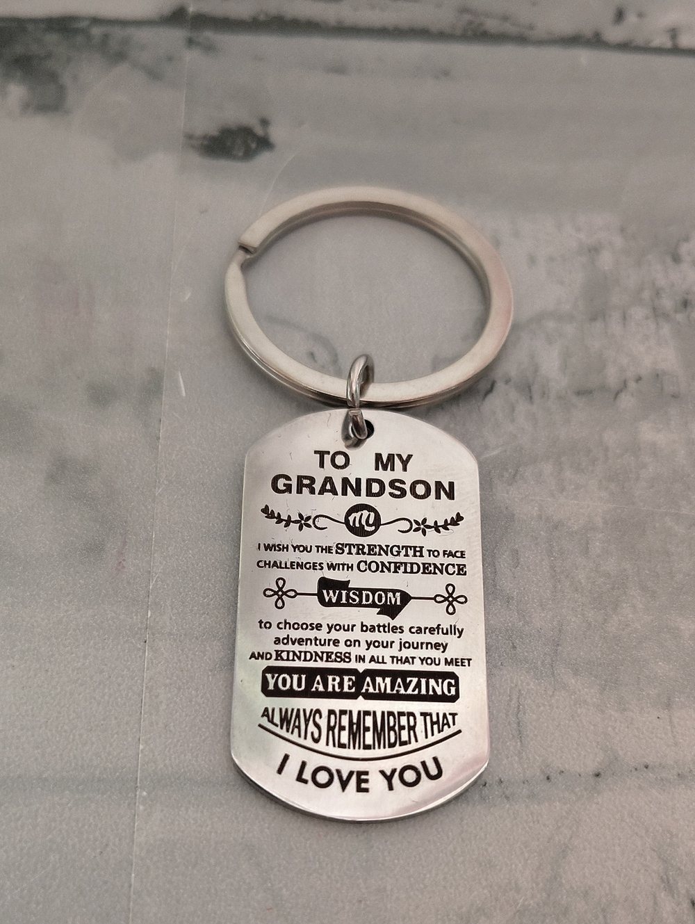 🔑Engraved 'To My Grandson' Silver Dog Tag Keychain. SMALL VERSION